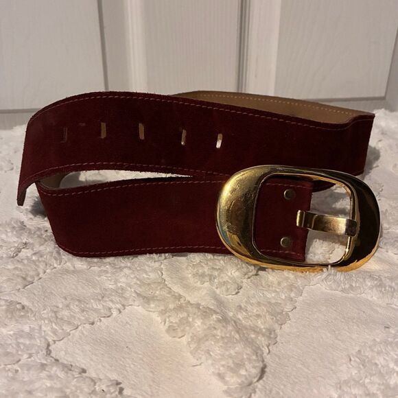 Lord & Taylor Accessories - Lord & Taylor Plum Burgundy Suede Wide Belt with Gold Buckle Size Medium